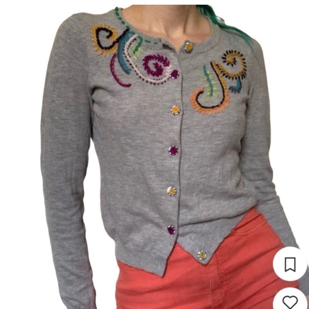 Anthropologie Gray Cardigan with Multicolor Embroidery
